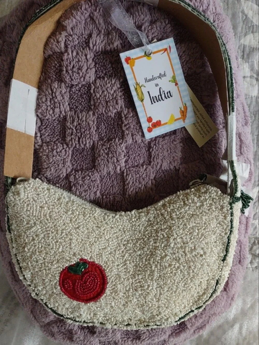 NWT* VIRAL*Handcrafted In India Beaded Vegetable Garden Shoulder Bag Gingham